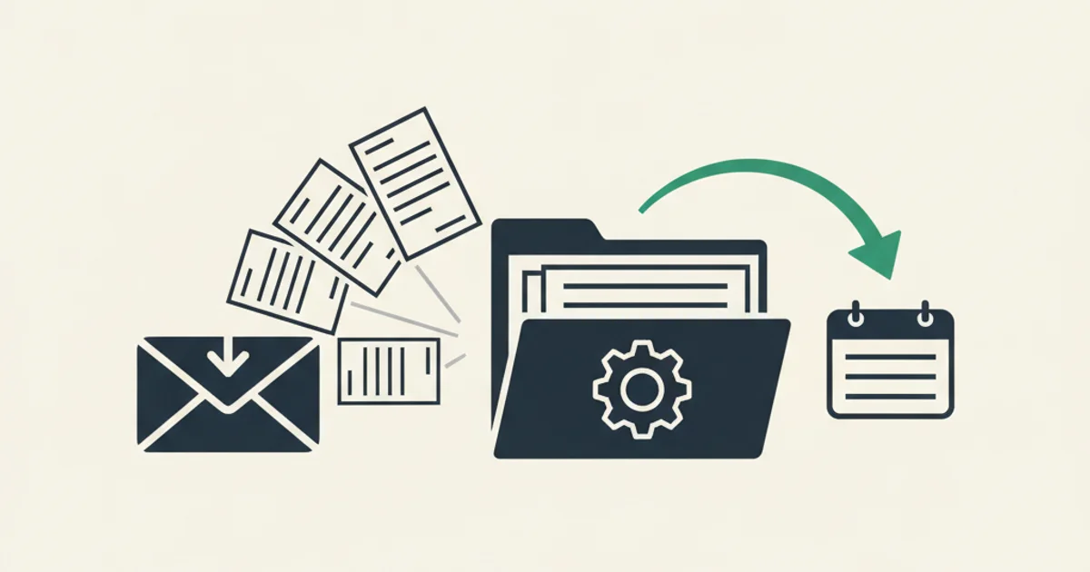 Schematic of an email server fanning invoices into a structured archive with audit trails