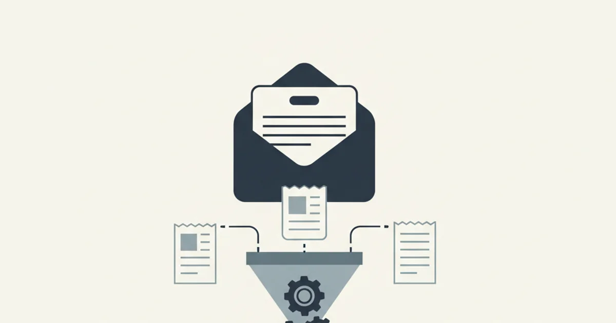 Gmail inbox feeding a parser pipeline that extracts structured invoice fields from PDFs