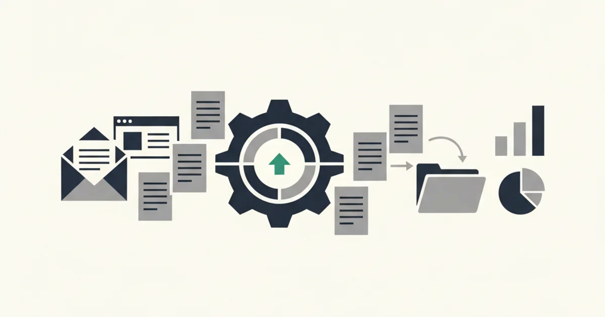 Invoice PDFs flowing from email and portals into an automated processing pipeline with accounting system output